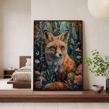 Woodland Fox Canvas Print with Mushrooms and Flowers in dark walnut floating frame