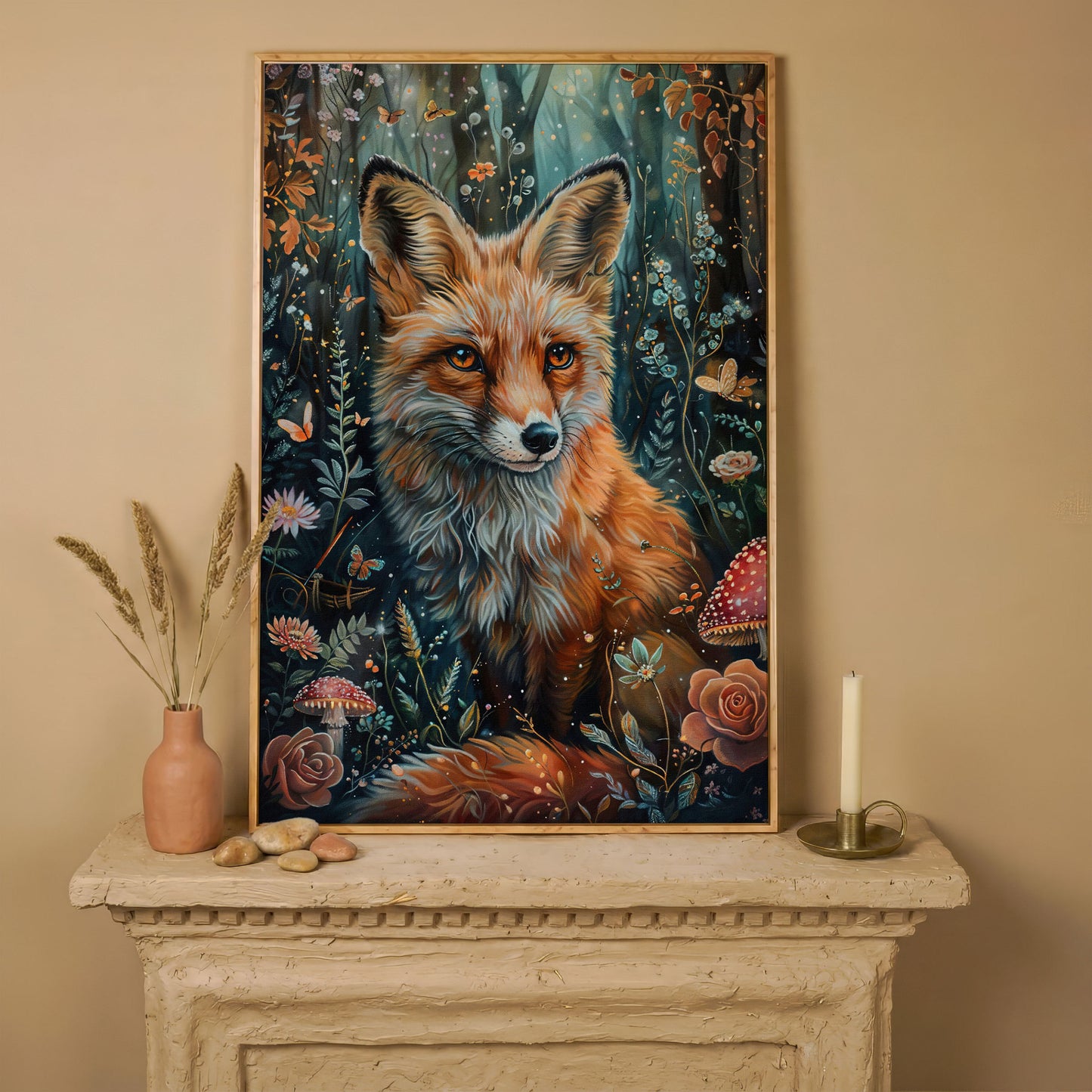Woodland Fox Canvas Print with Mushrooms and Flowers in white oak floating frame