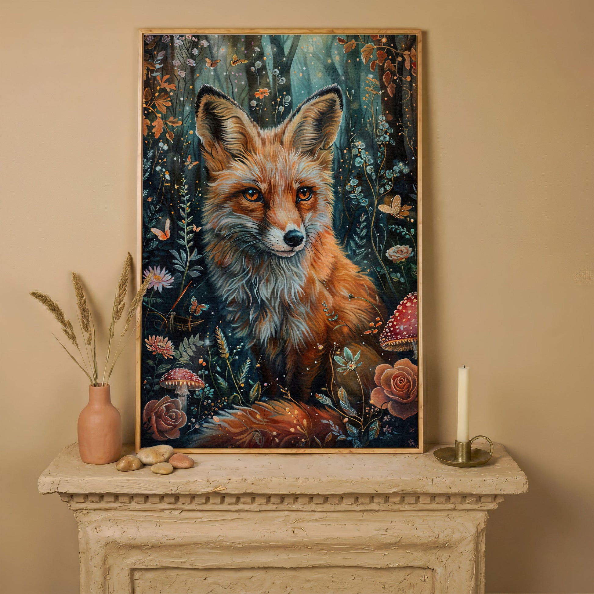 Woodland Fox Canvas Print with Mushrooms and Flowers in white oak floating frame