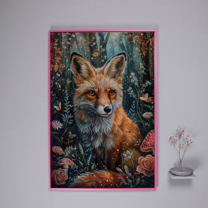 Woodland Fox Canvas Print with Mushrooms and Flowers in pink floating frame