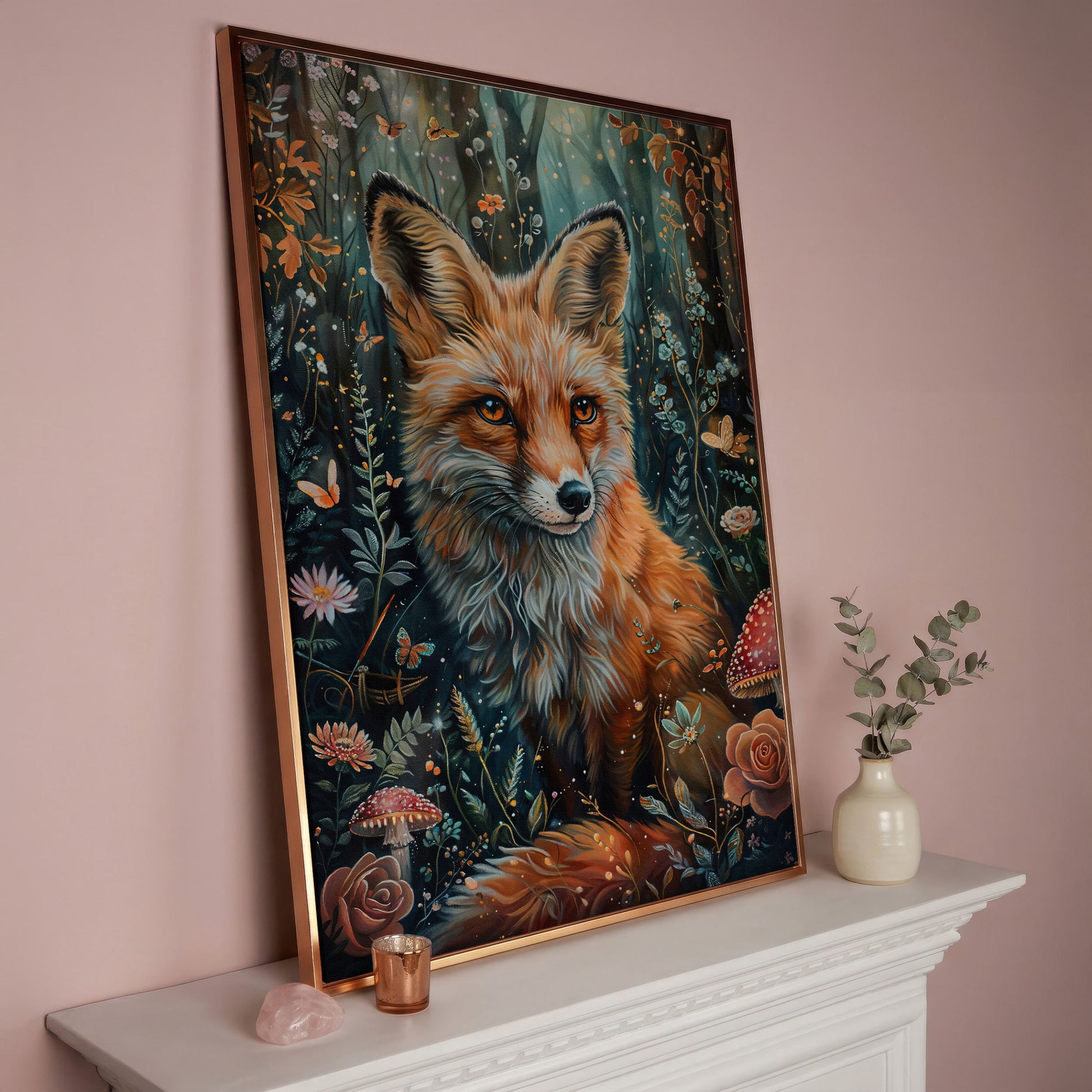 Woodland Fox Canvas Print with Mushrooms and Flowers in rose gold floating frame