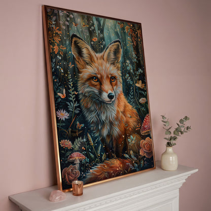 Woodland Fox Canvas Print with Mushrooms and Flowers in rose gold floating frame