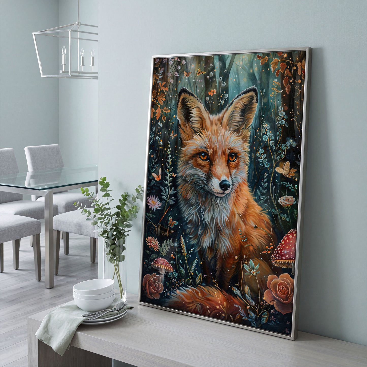 Woodland Fox Canvas Print with Mushrooms and Flowers in silver floating frame
