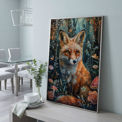 Woodland Fox Canvas Print with Mushrooms and Flowers in silver floating frame