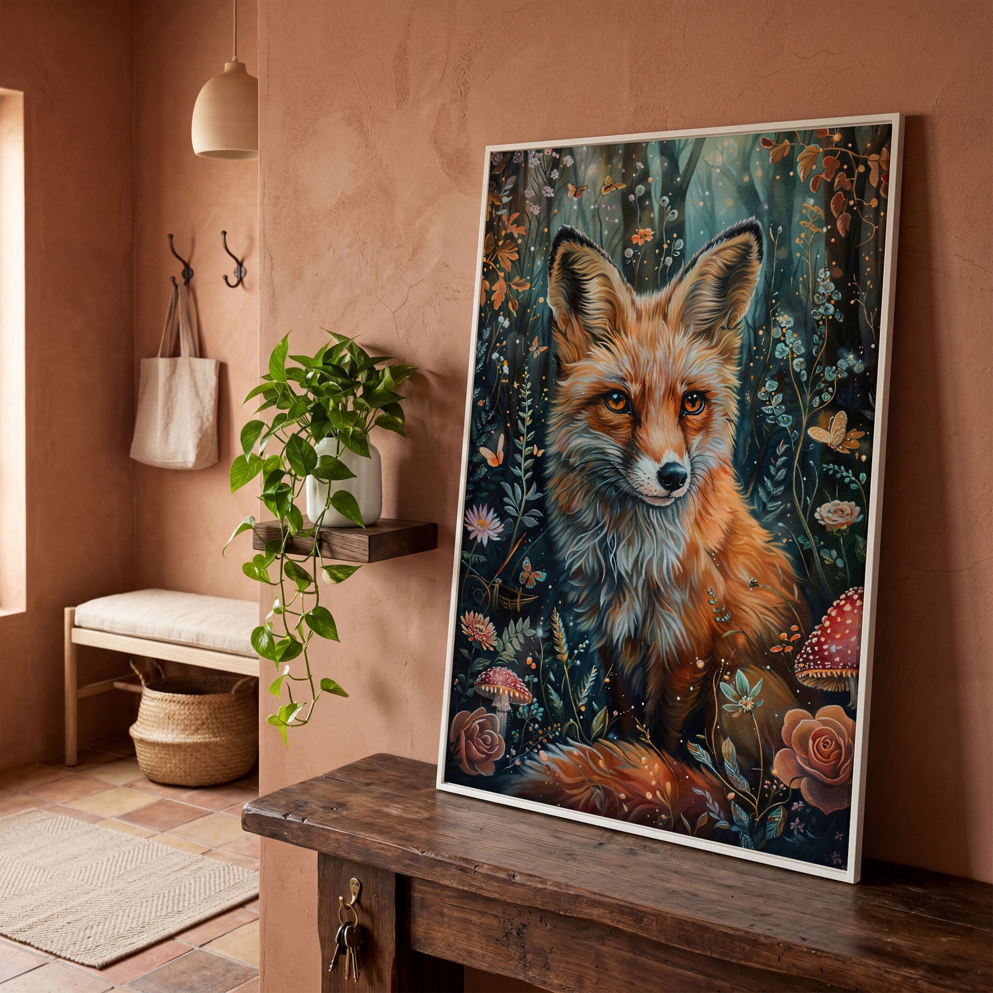 Woodland Fox Canvas Print with Mushrooms and Flowers in white floating frame
