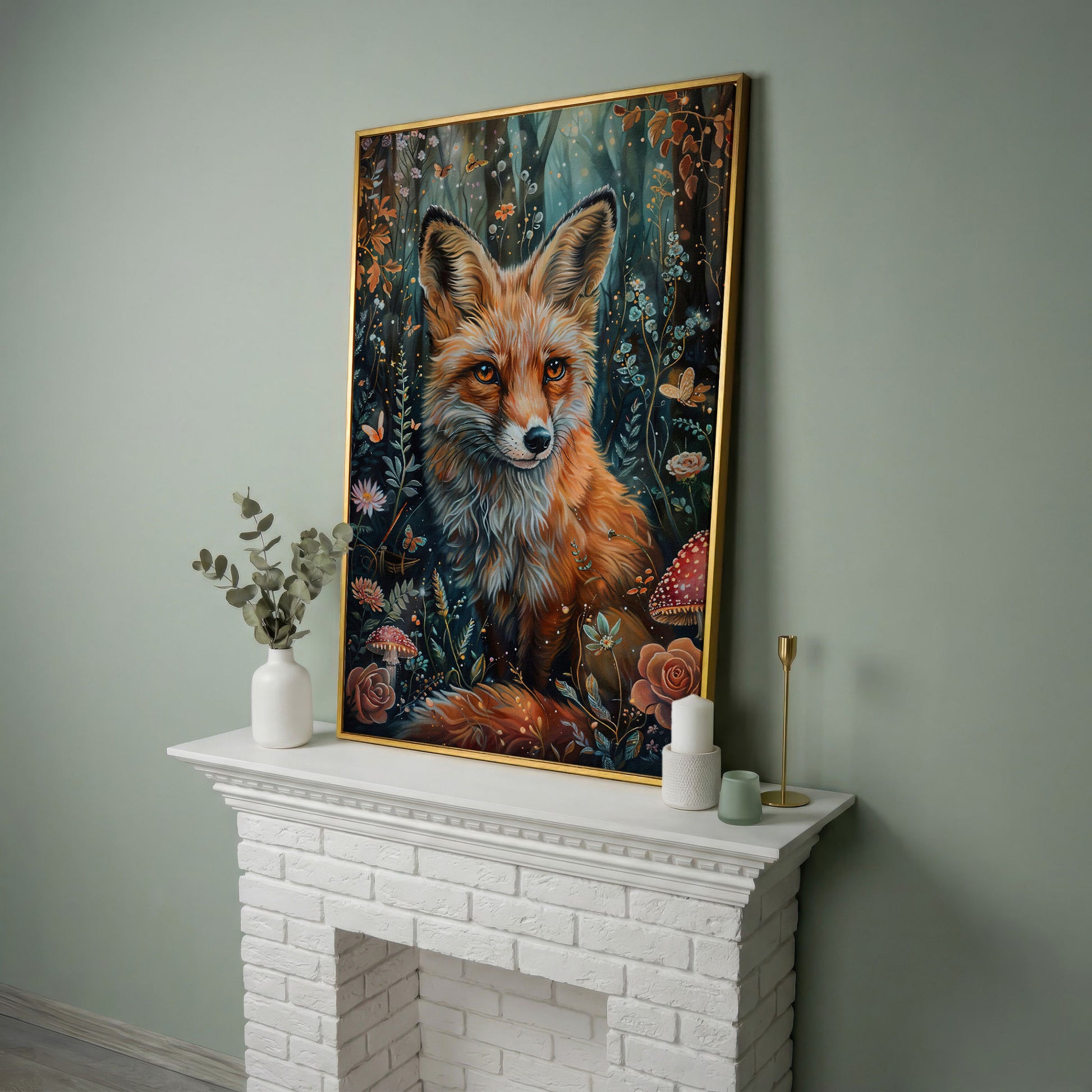 Woodland Fox Canvas Print with Mushrooms and Flowers in yellow gold floating frame