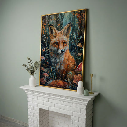 Woodland Fox Canvas Print with Mushrooms and Flowers in yellow gold floating frame