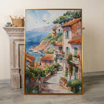 Mediterranean Seaside Village Canvas Print in antique gold floating frame