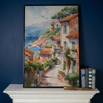 Mediterranean Seaside Village Canvas Print in black floating frame