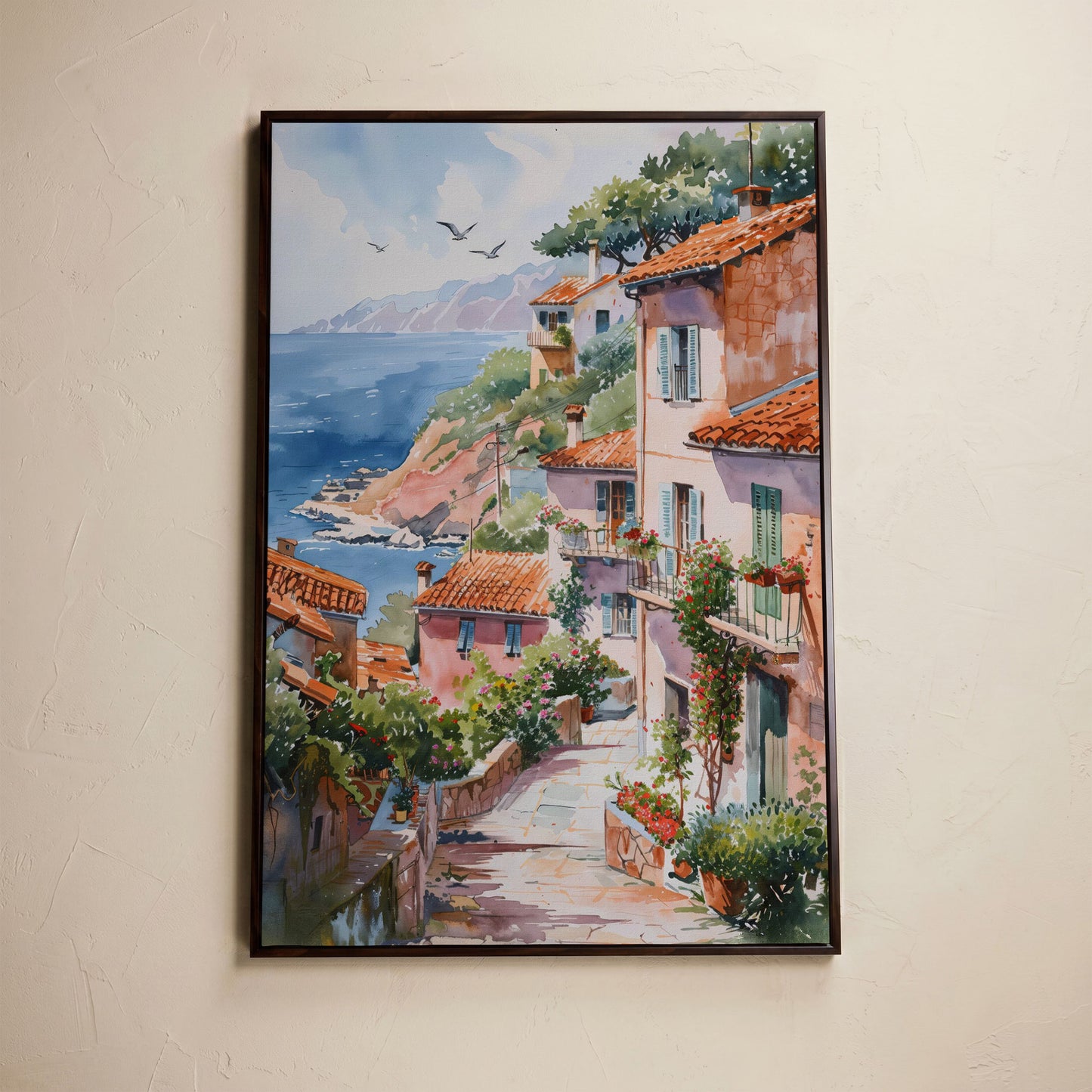 Mediterranean Seaside Village Canvas Print in dark walnut floating frame