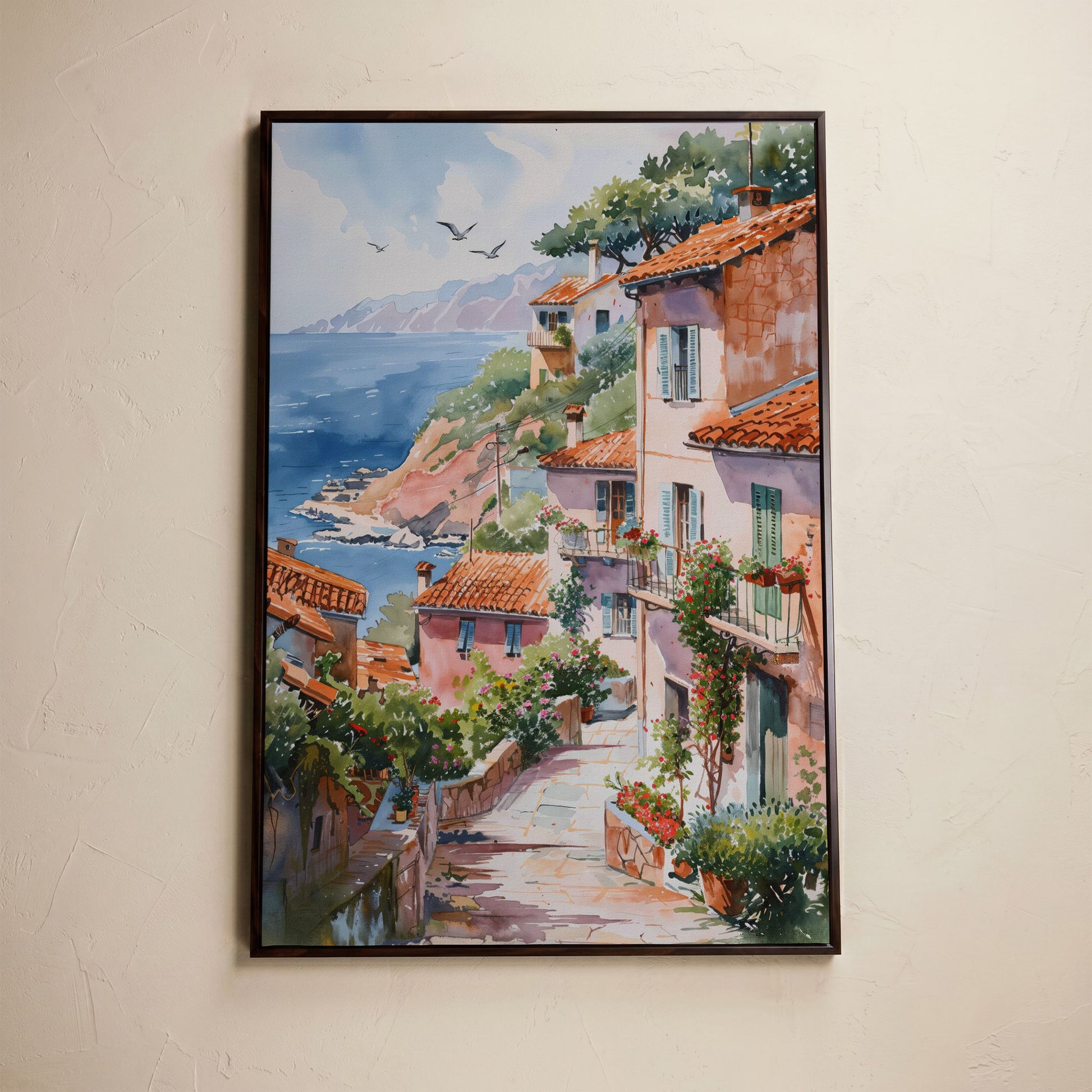 Mediterranean Seaside Village Canvas Print in dark walnut floating frame