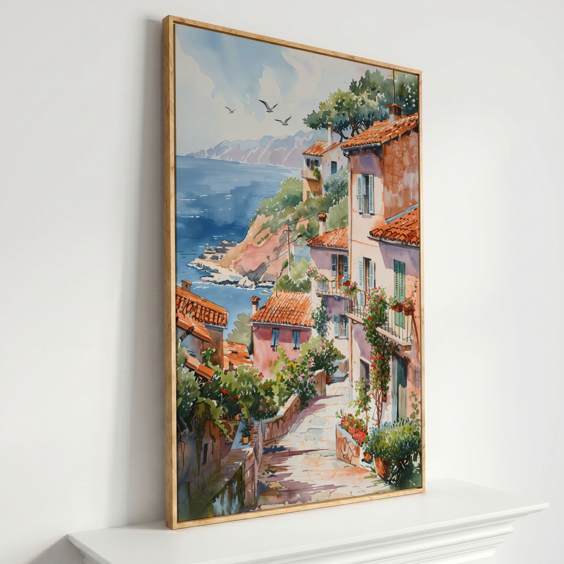 Mediterranean Seaside Village Canvas Print in white oak floating frame