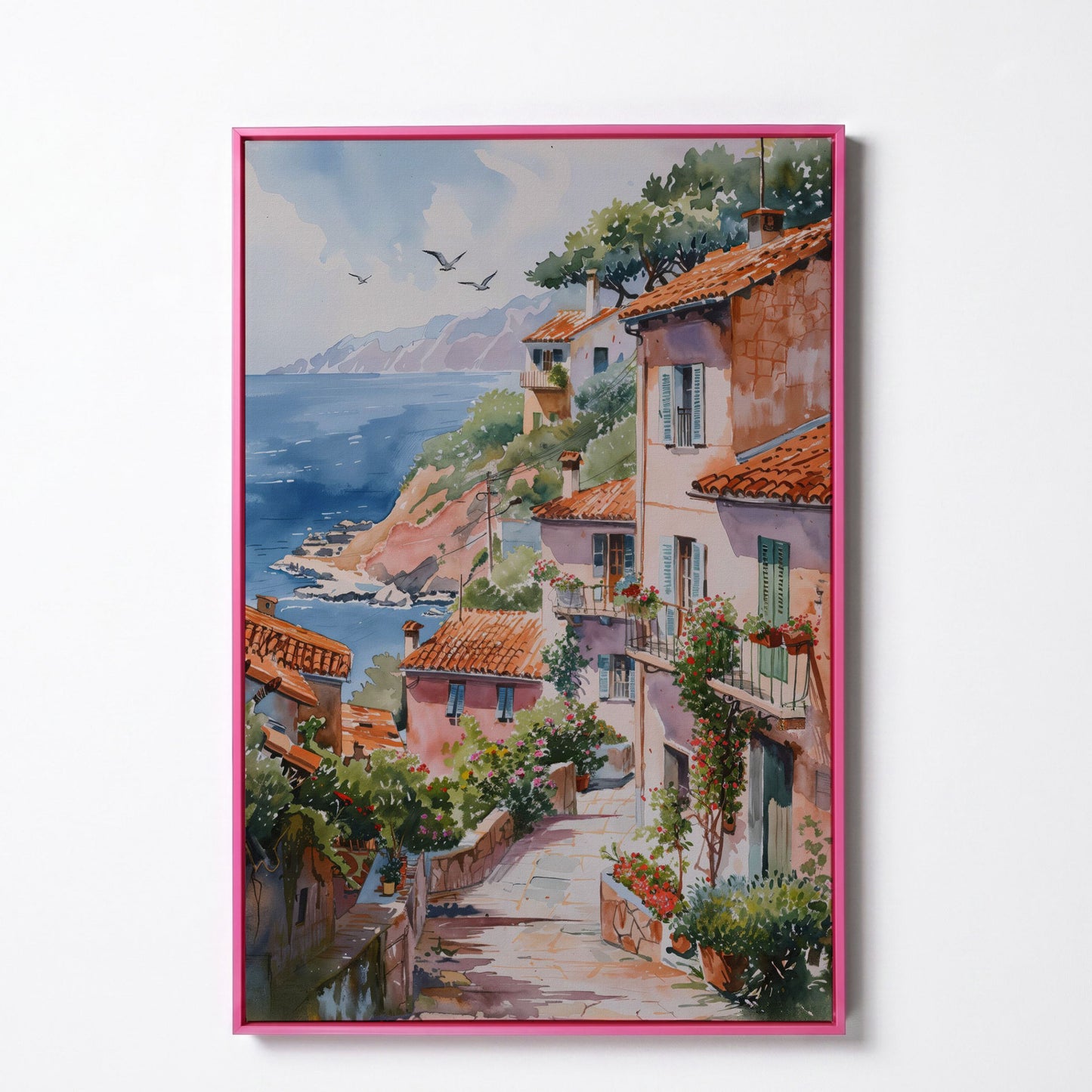 Mediterranean Seaside Village Canvas Print in pink floating frame