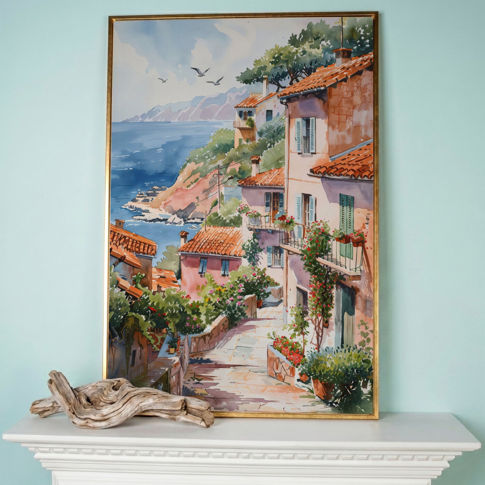 Mediterranean Seaside Village Canvas Print in rose gold floating frame