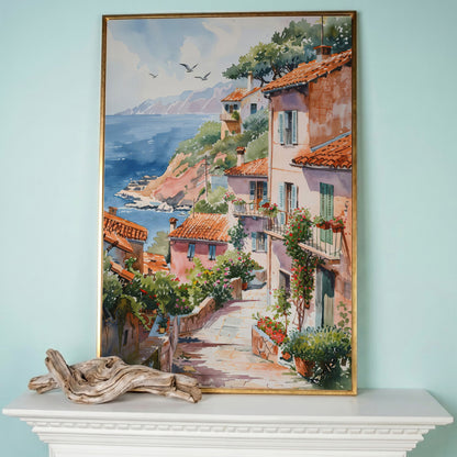 Mediterranean Seaside Village Canvas Print in rose gold floating frame