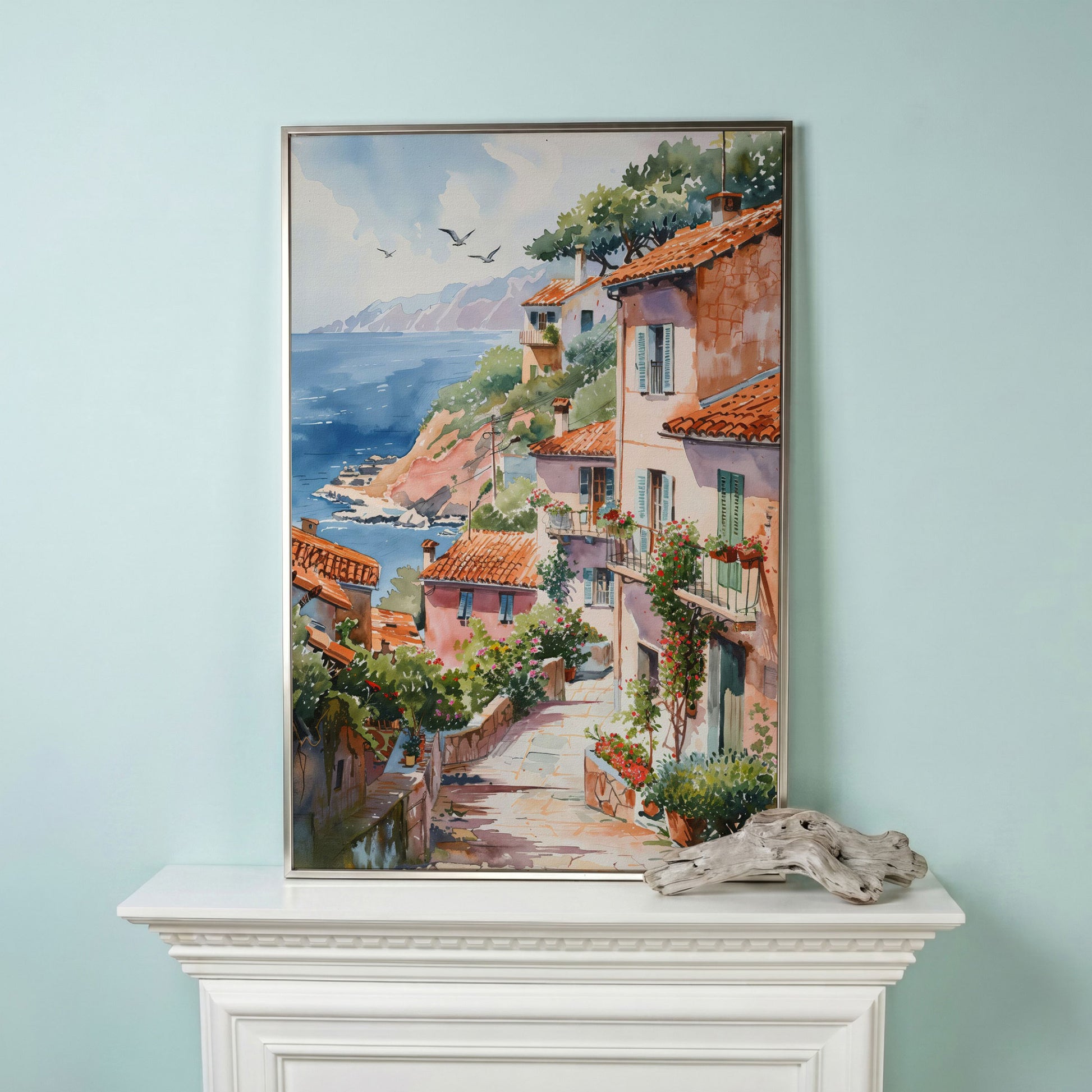 Mediterranean Seaside Village Canvas Print in silver floating frame