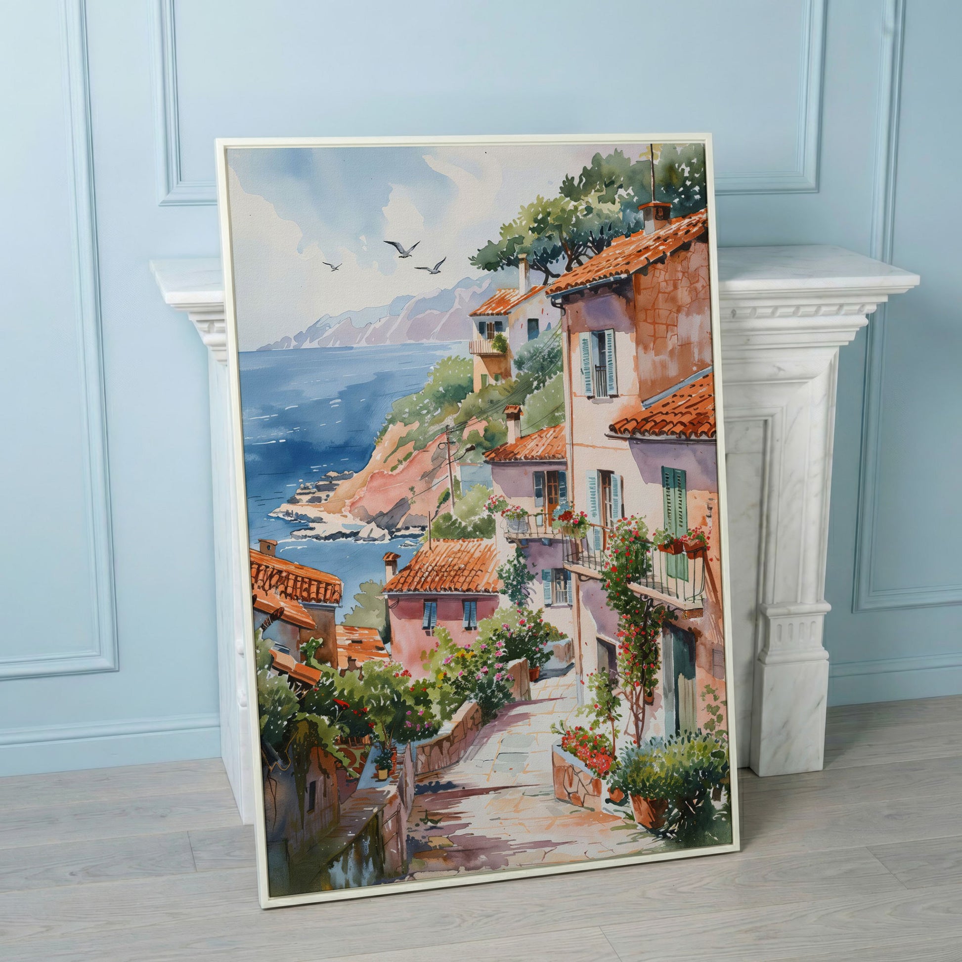 Mediterranean Seaside Village Canvas Print in white floating frame