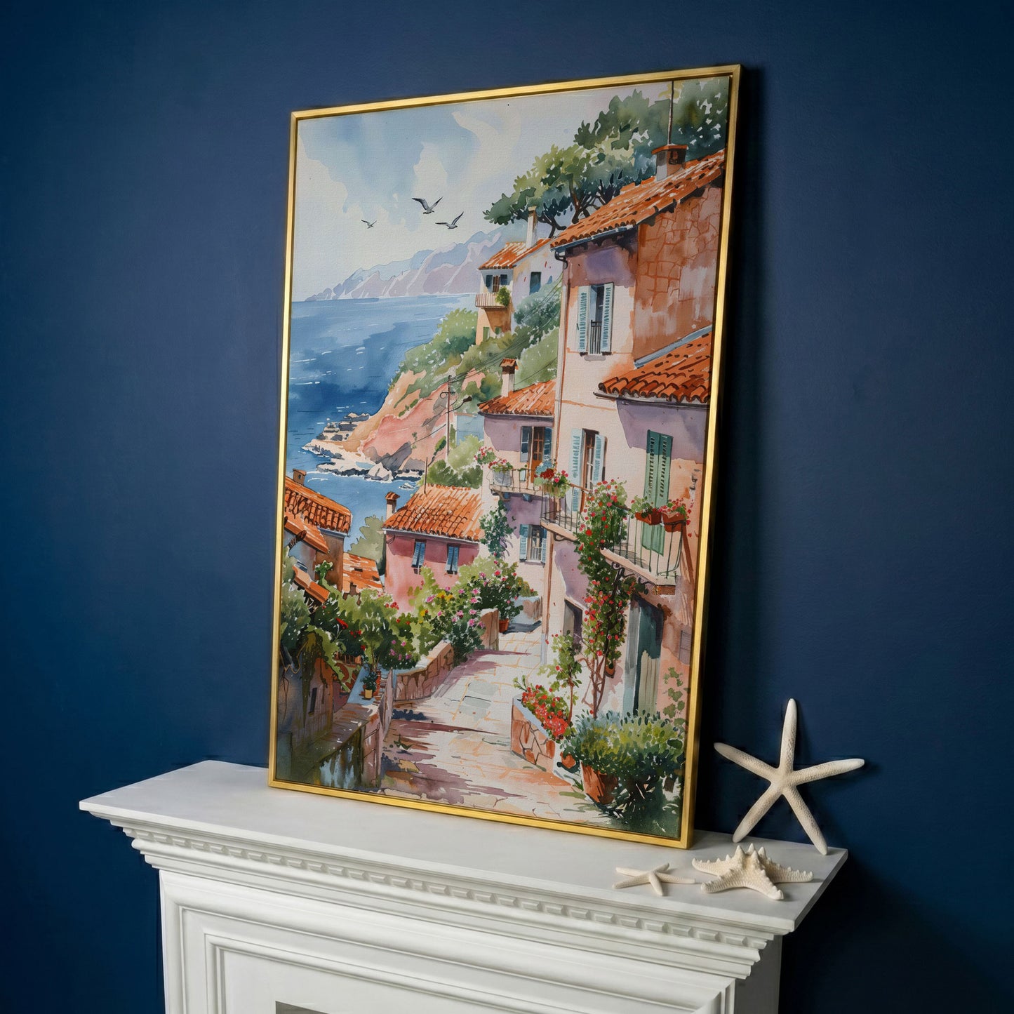 Mediterranean Seaside Village Canvas Print in yellow gold floating frame