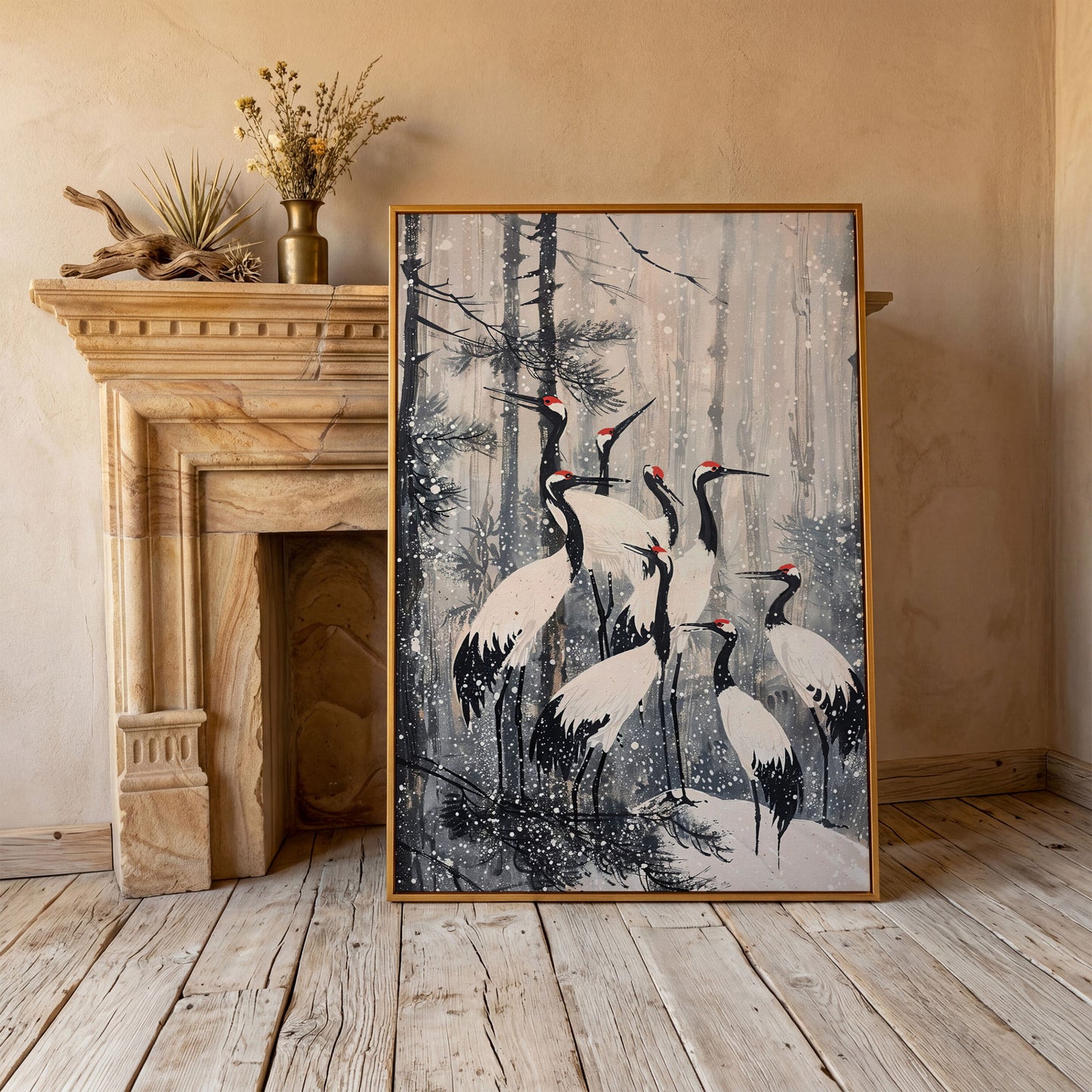 Cranes in Snowy Forest Canvas Print in antique gold floating frame