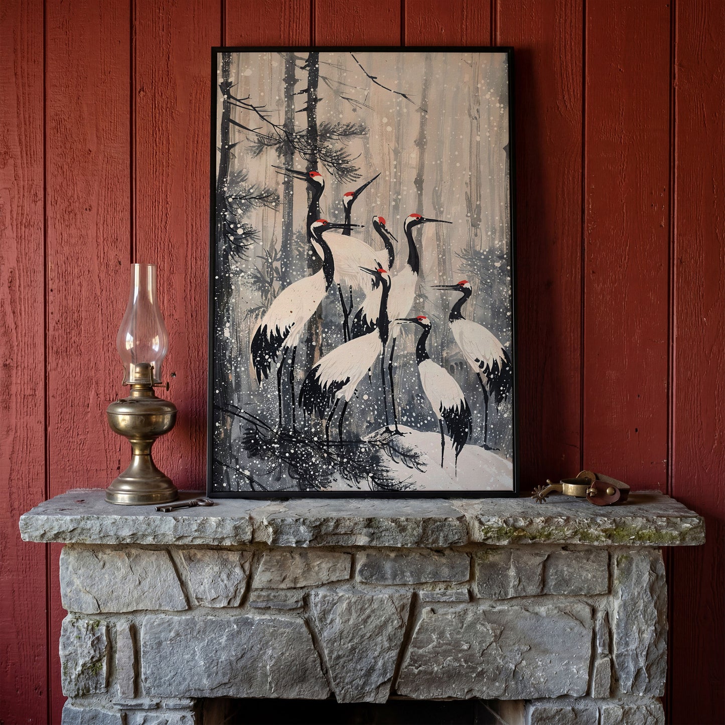 Cranes in Snowy Forest Canvas Print in black floating frame