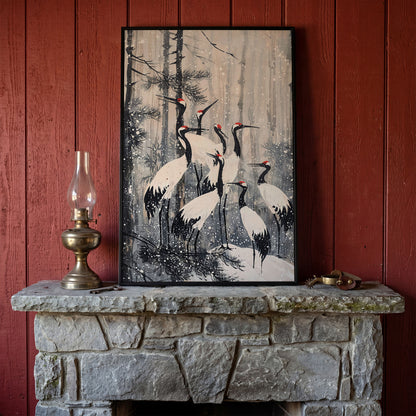 Cranes in Snowy Forest Canvas Print in black floating frame