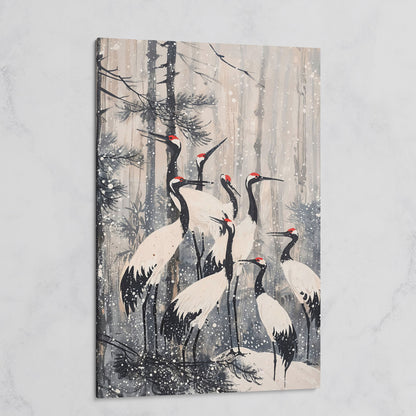 Cranes in Snowy Forest Canvas Print on gallery wrap