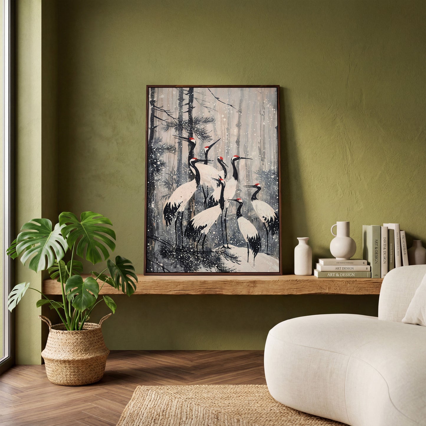 Cranes in Snowy Forest Canvas Print in dark walnut floating frame
