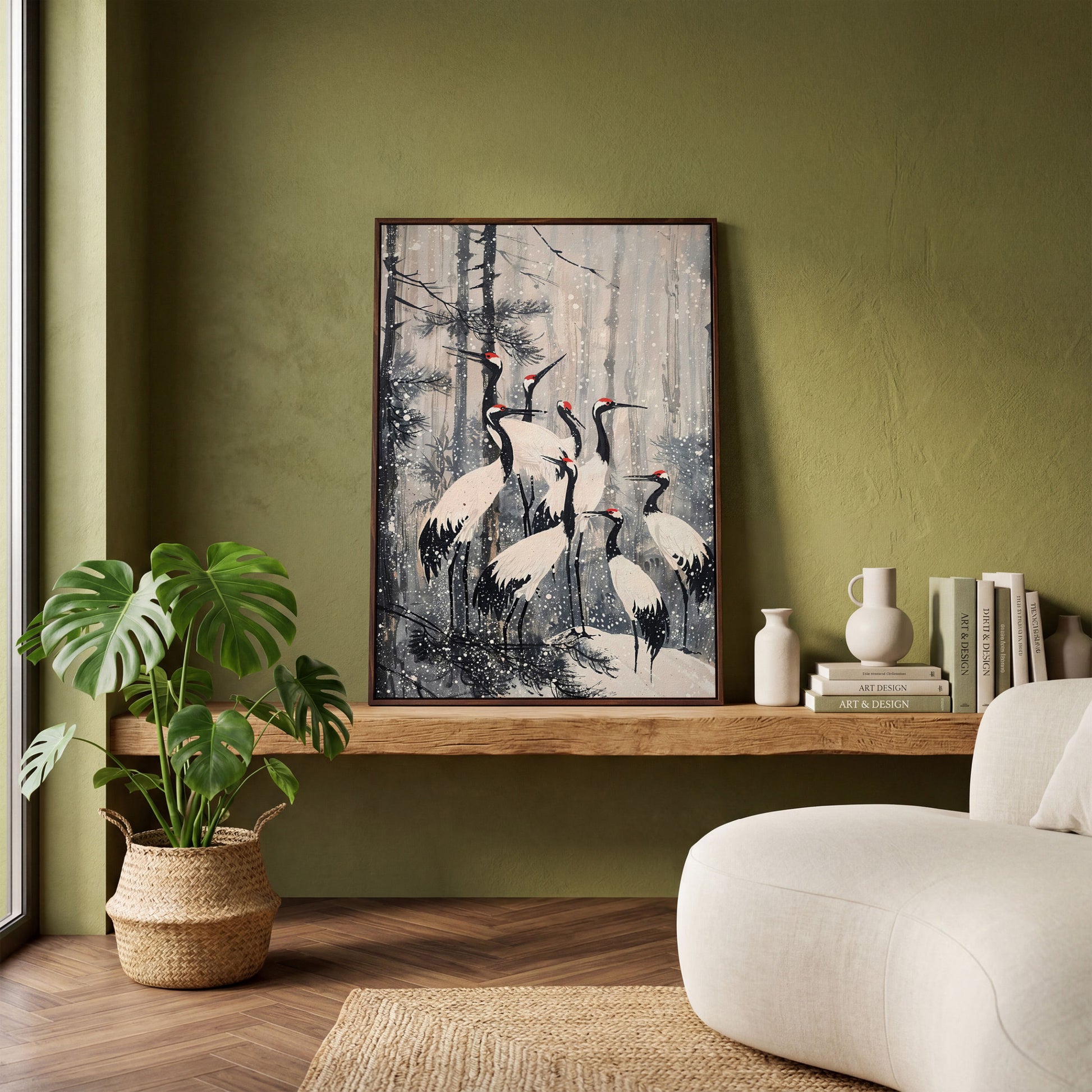 Cranes in Snowy Forest Canvas Print in dark walnut floating frame