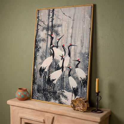 Cranes in Snowy Forest Canvas Print in white oak floating frame