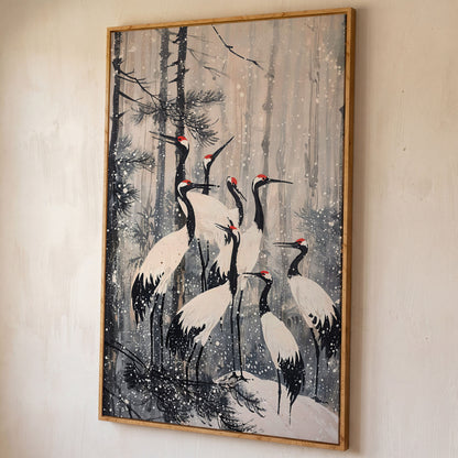 Cranes in Snowy Forest Canvas Print shown in white oak floating frame