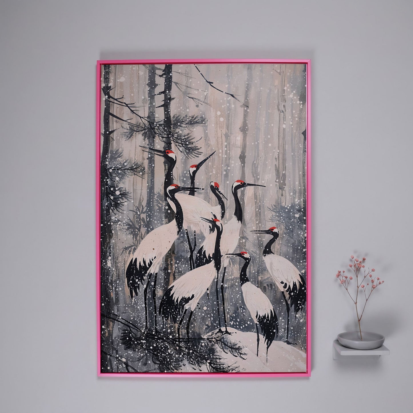 Cranes in Snowy Forest Canvas Print in pink floating frame