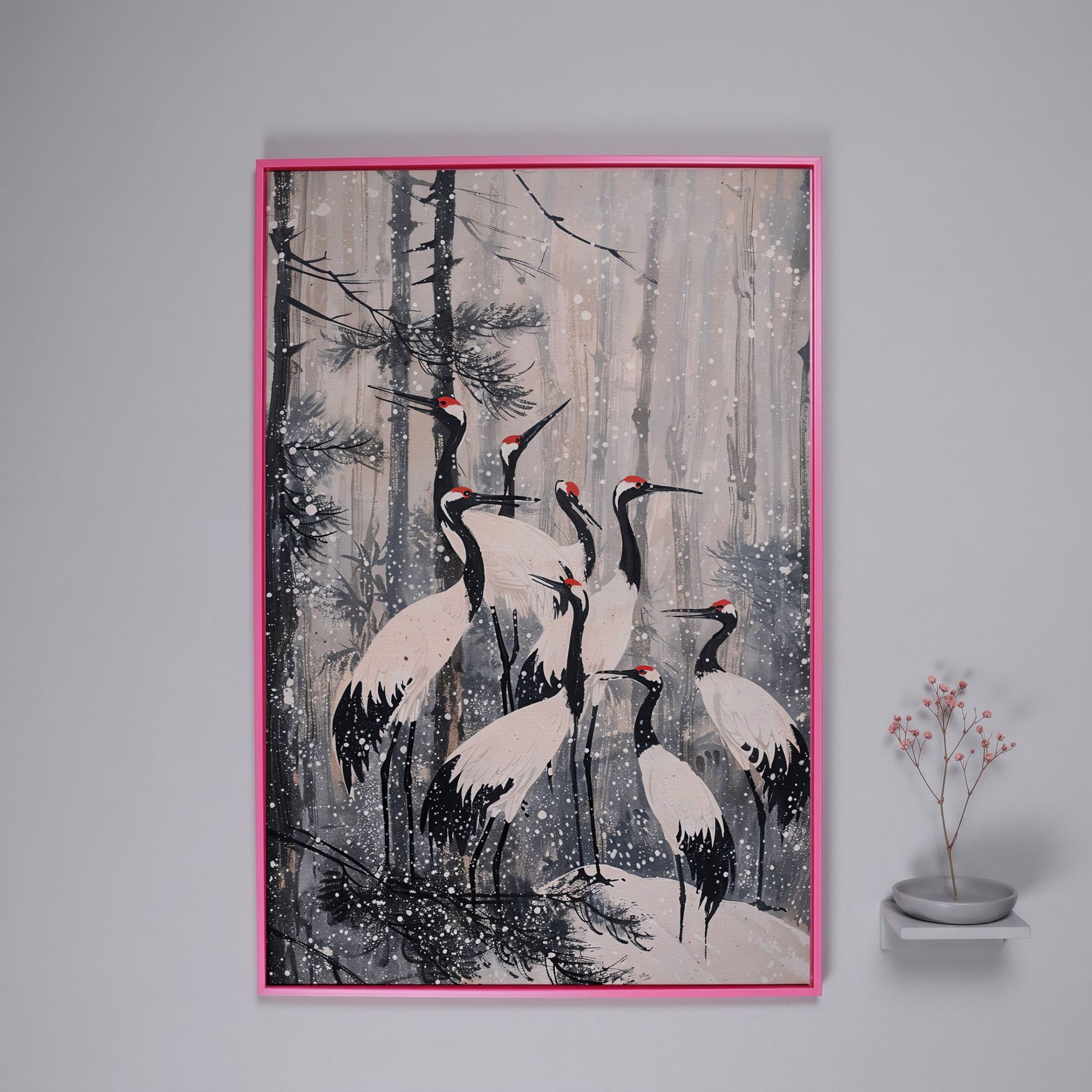 Cranes in Snowy Forest Canvas Print in pink floating frame