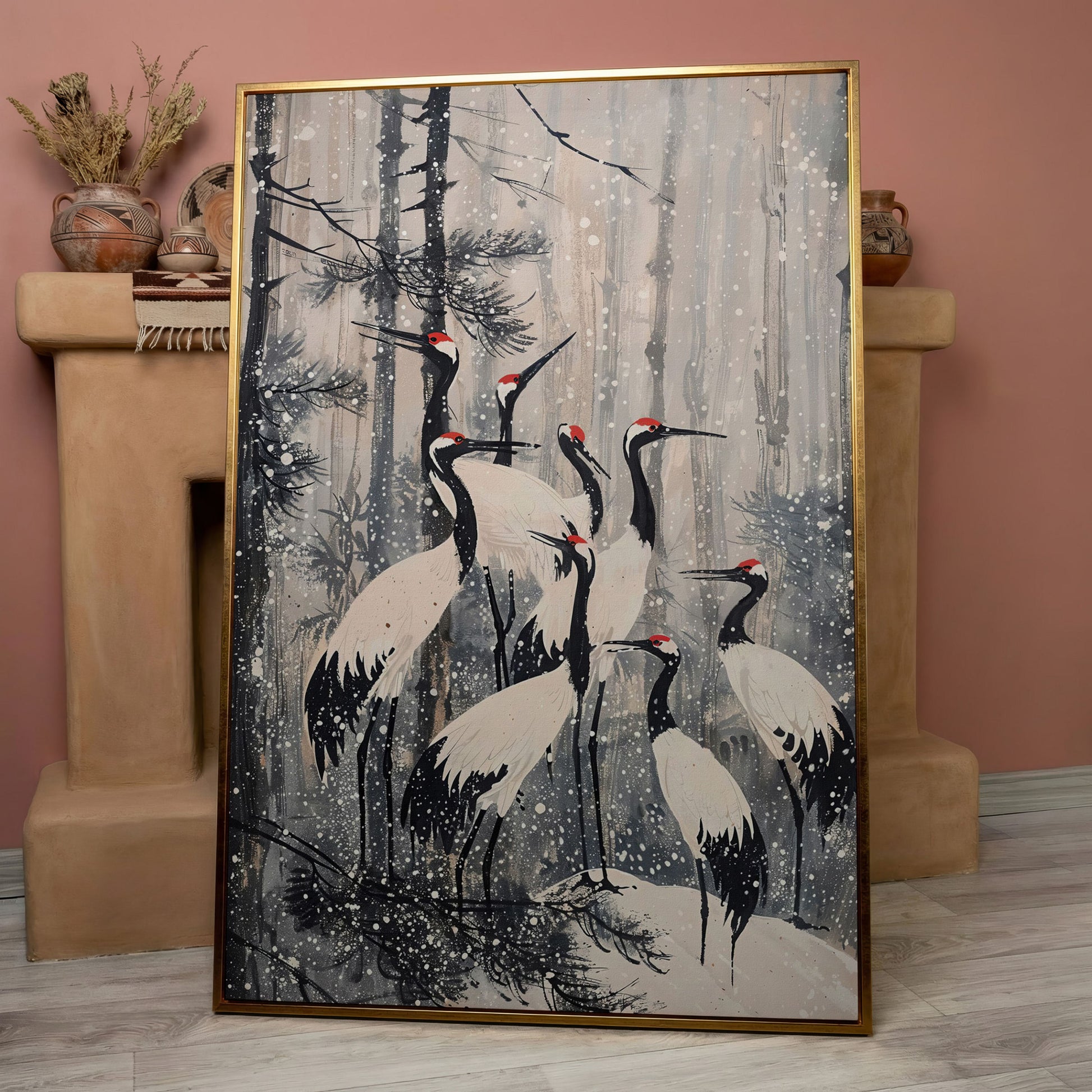 Cranes in Snowy Forest Canvas Print in rose gold floating frame