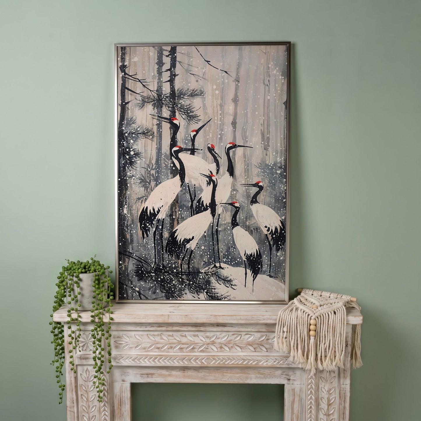 Cranes in Snowy Forest Canvas Print in silver floating frame