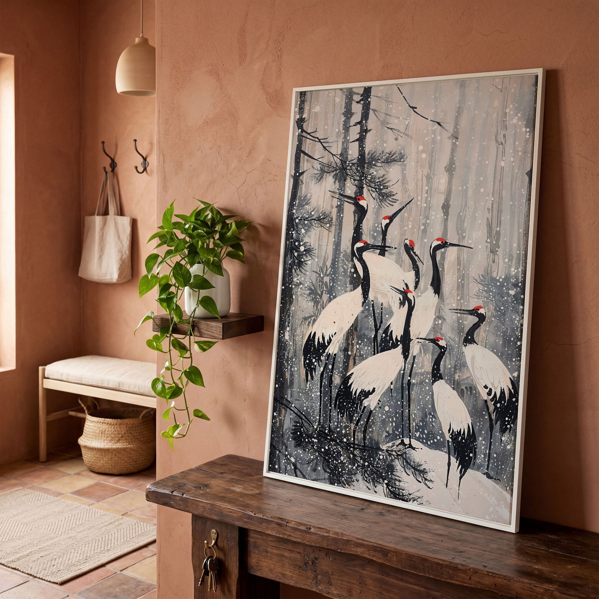 Cranes in Snowy Forest Canvas Print in white floating frame