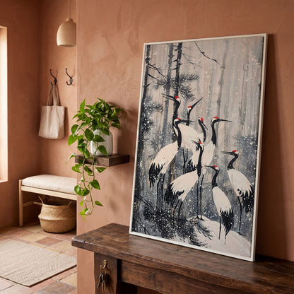 Cranes in Snowy Forest Canvas Print in white floating frame