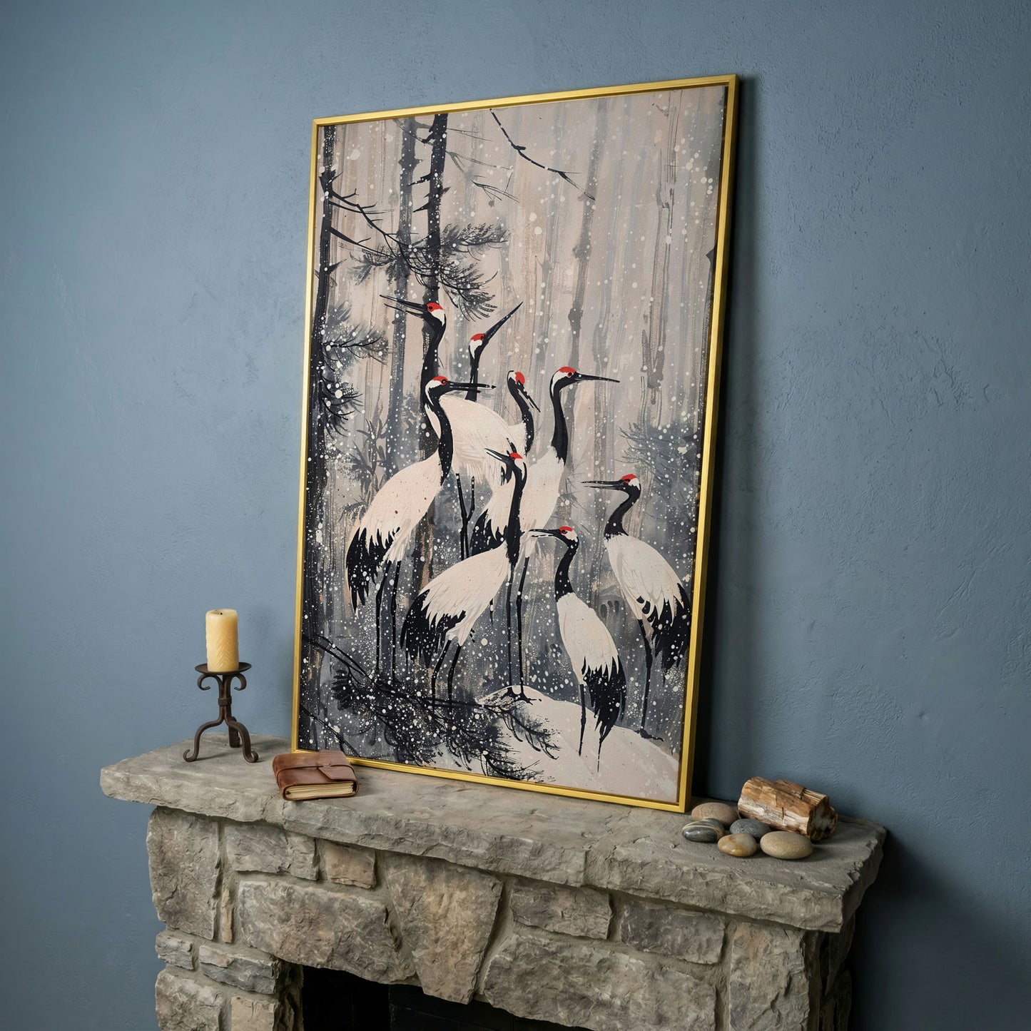 Cranes in Snowy Forest Canvas Print in yellow gold floating frame