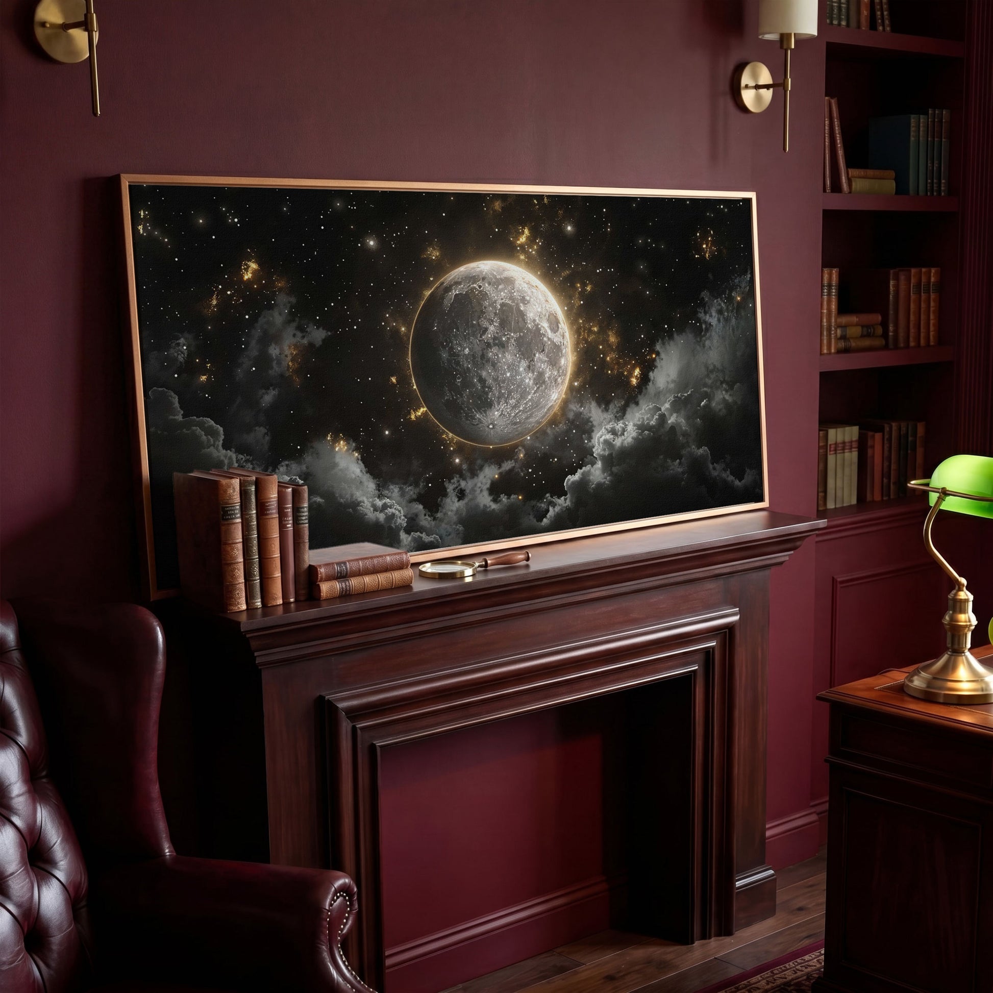 Full Moon Canvas Print with Celestial Detail in antique gold floating frame