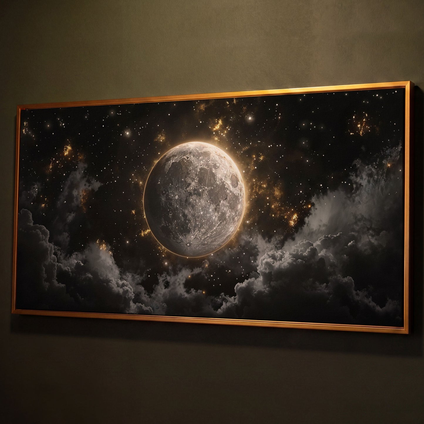 Full Moon Canvas Print with Celestial Detail shown in antique gold floating frame