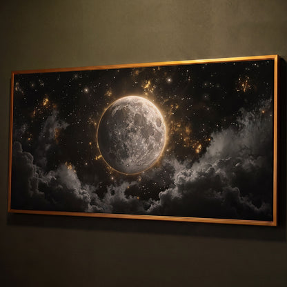 Full Moon Canvas Print with Celestial Detail shown in antique gold floating frame