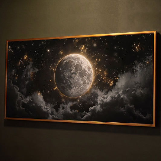 Full Moon Canvas Print with Celestial Detail shown in antique gold floating frame