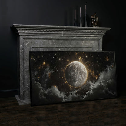 Full Moon Canvas Print with Celestial Detail in black floating frame