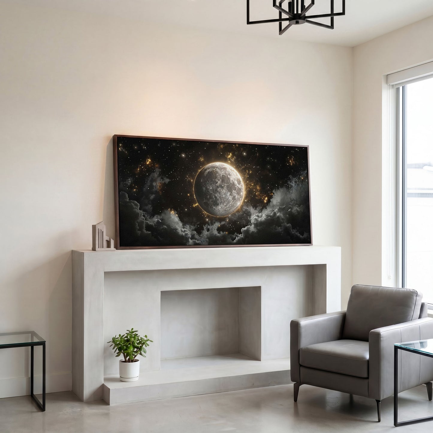 Full Moon Canvas Print with Celestial Detail in dark walnut floating frame