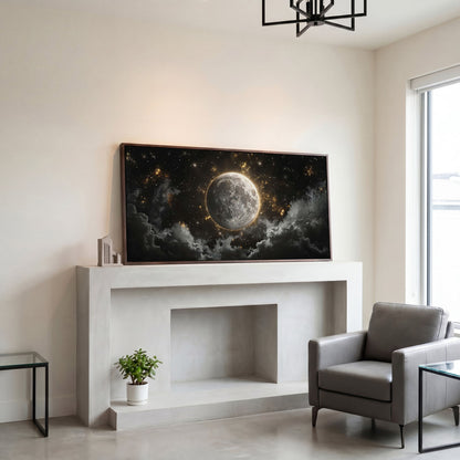 Full Moon Canvas Print with Celestial Detail in dark walnut floating frame