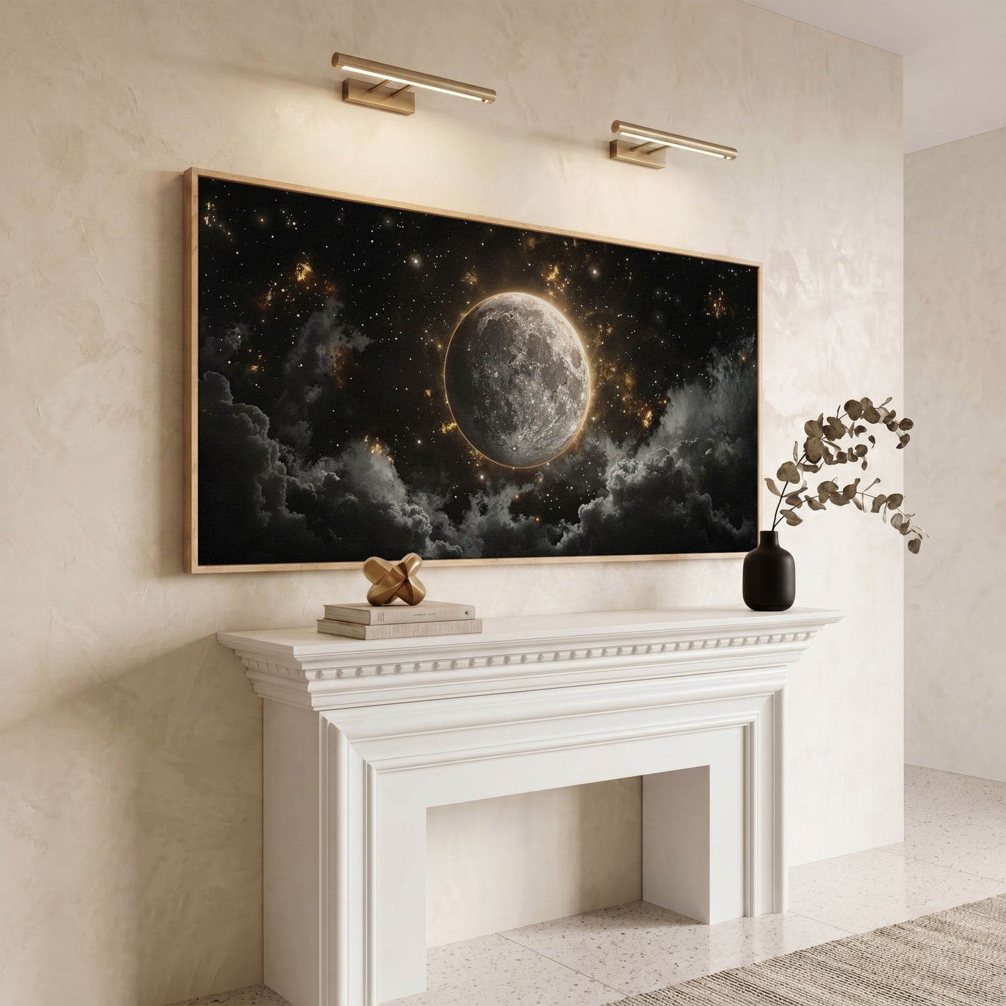 Full Moon Canvas Print with Celestial Detail in white oak floating frame