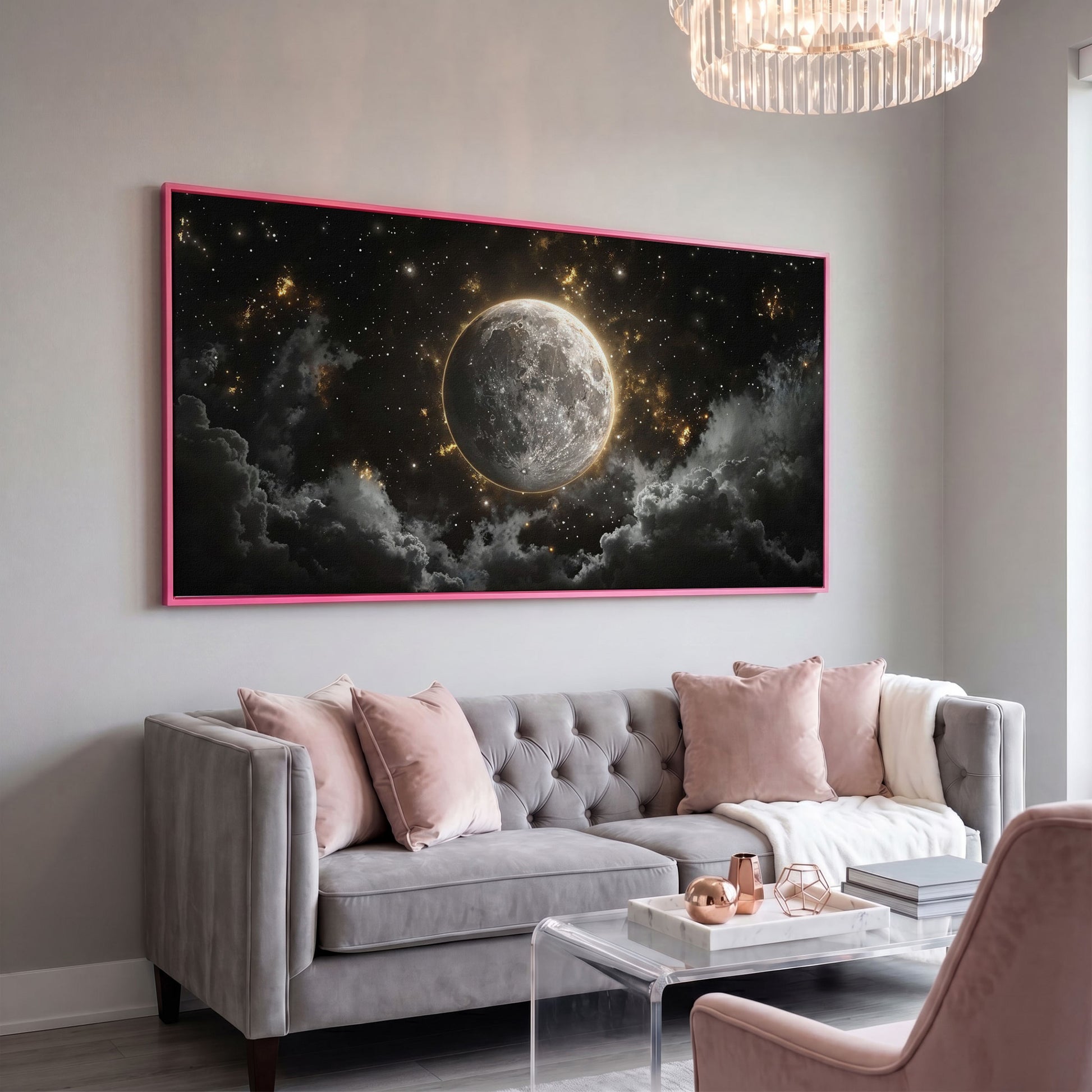Full Moon Canvas Print with Celestial Detail in pink floating frame