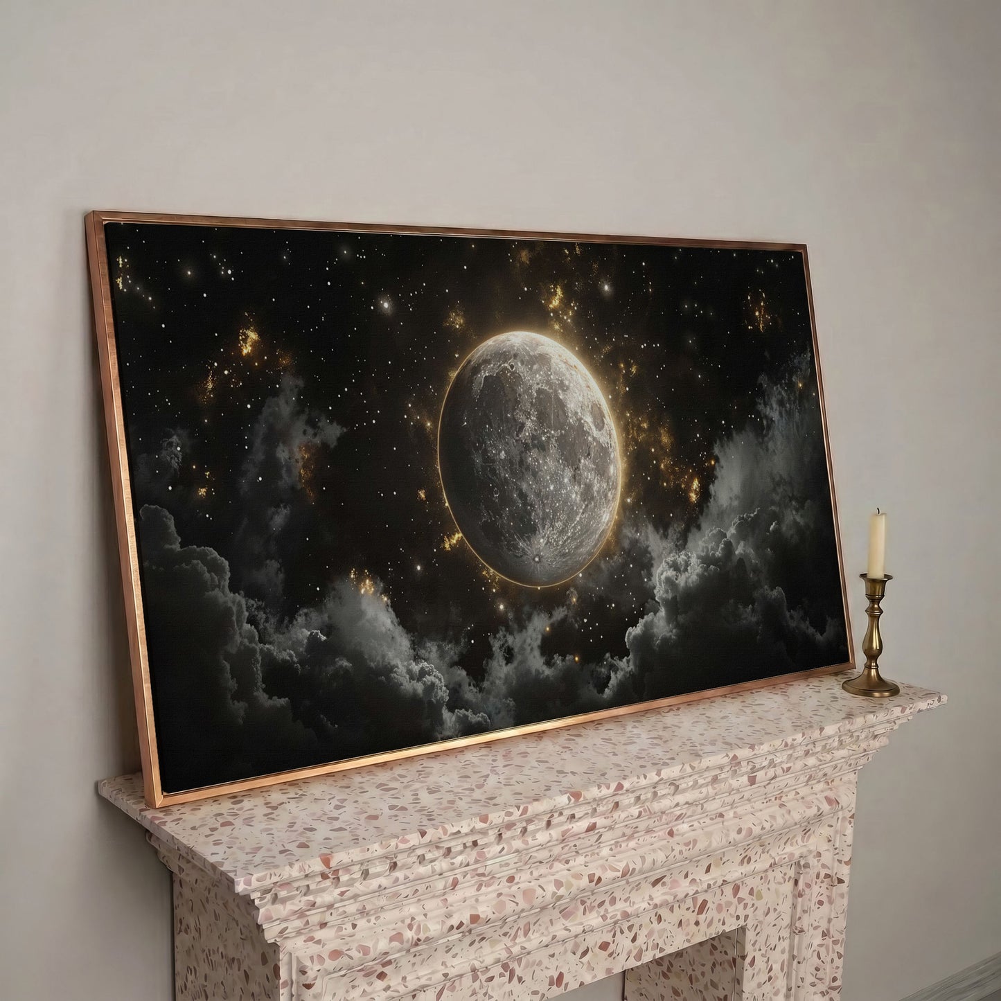 Full Moon Canvas Print with Celestial Detail in rose gold floating frame
