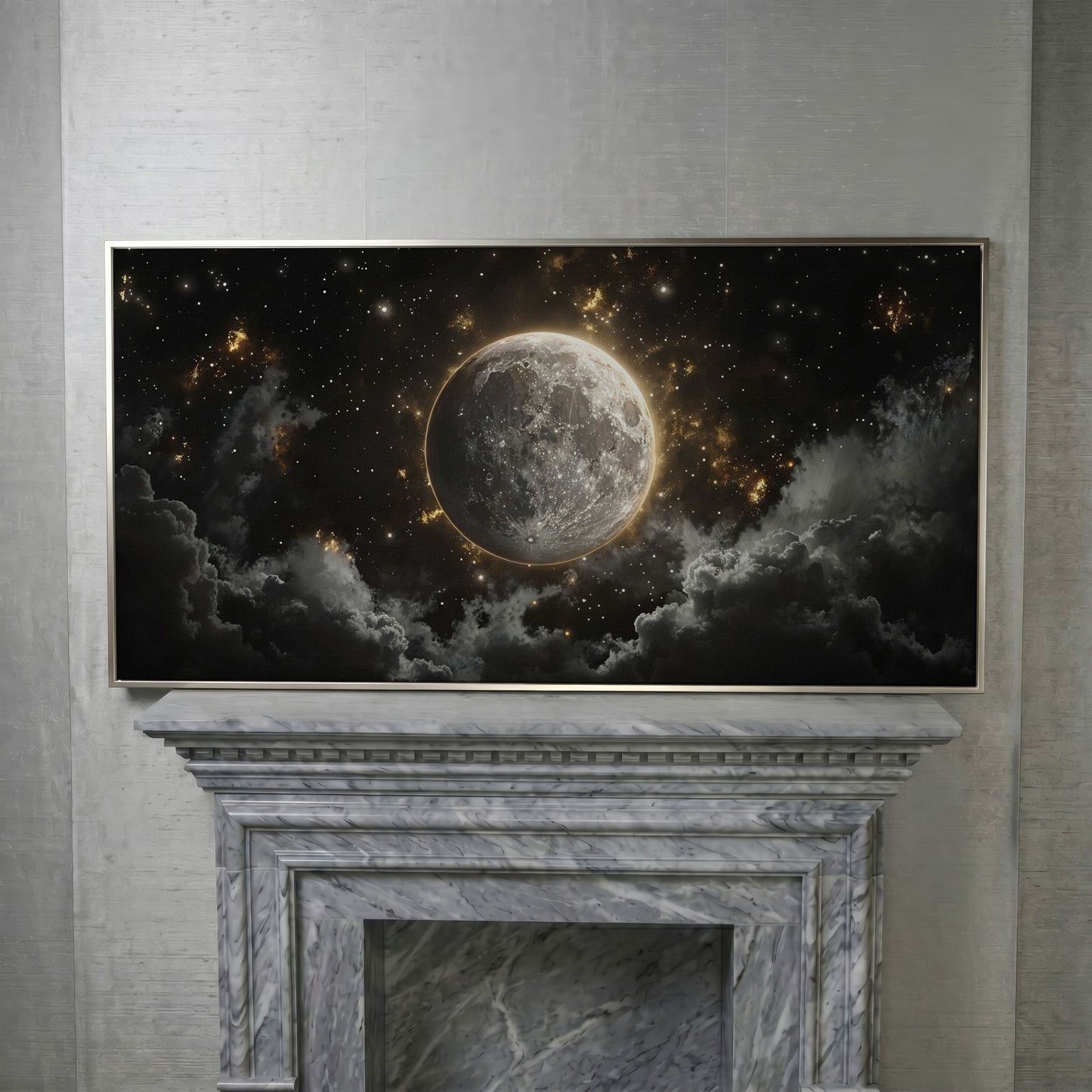 Full Moon Canvas Print with Celestial Detail in silver floating frame