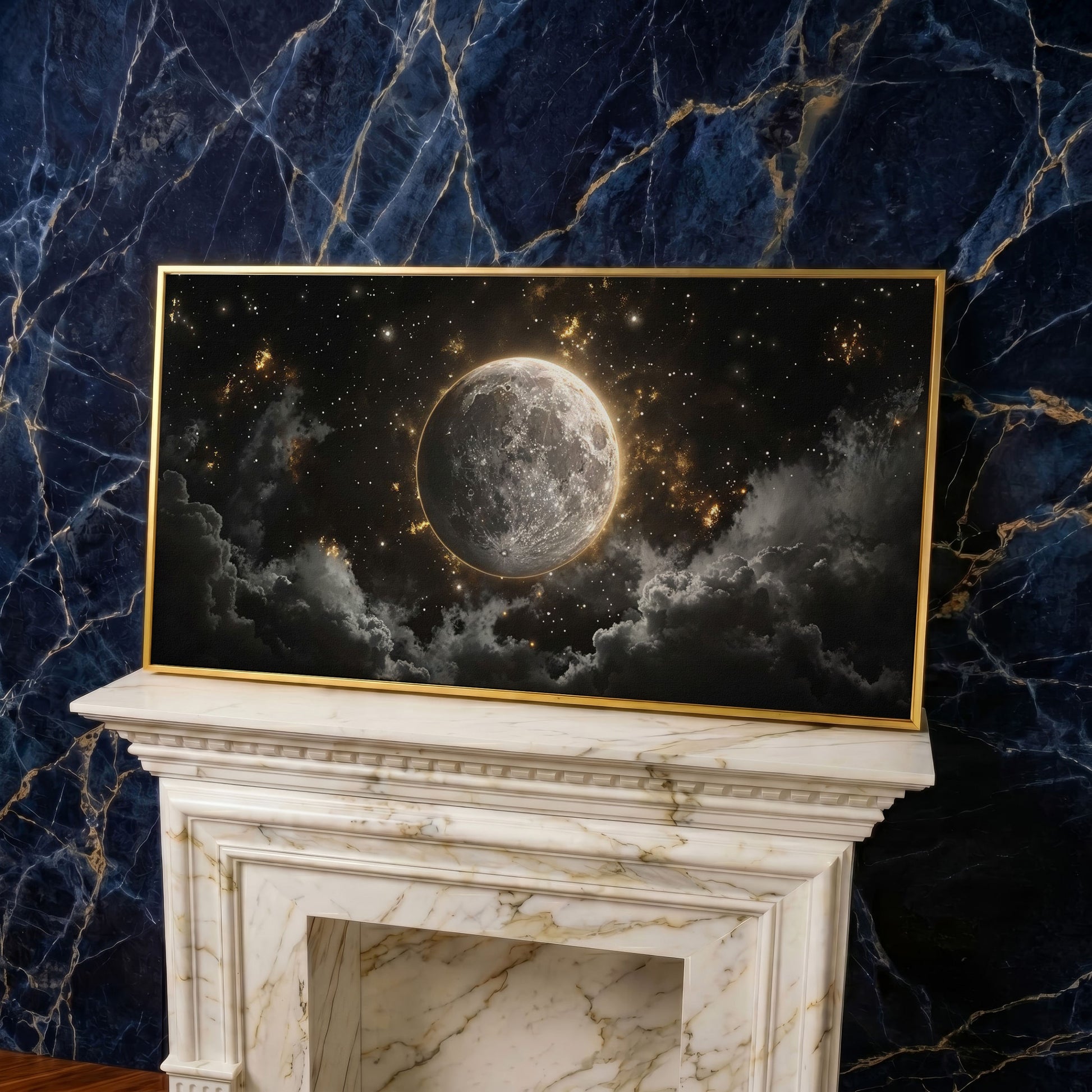 Full Moon Canvas Print with Celestial Detail in yellow gold floating frame
