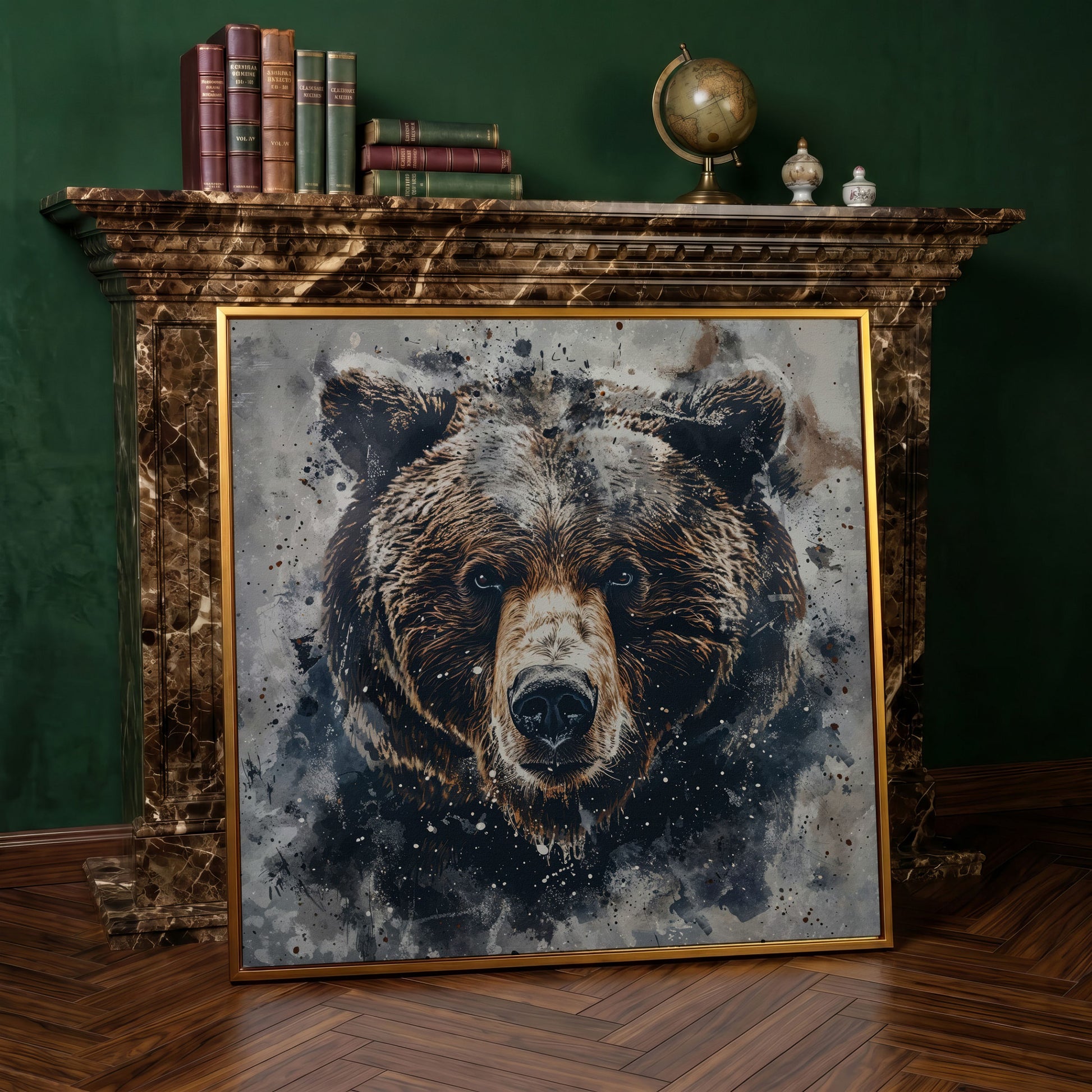 Grizzly Bear Portrait Canvas Print in antique gold floating frame